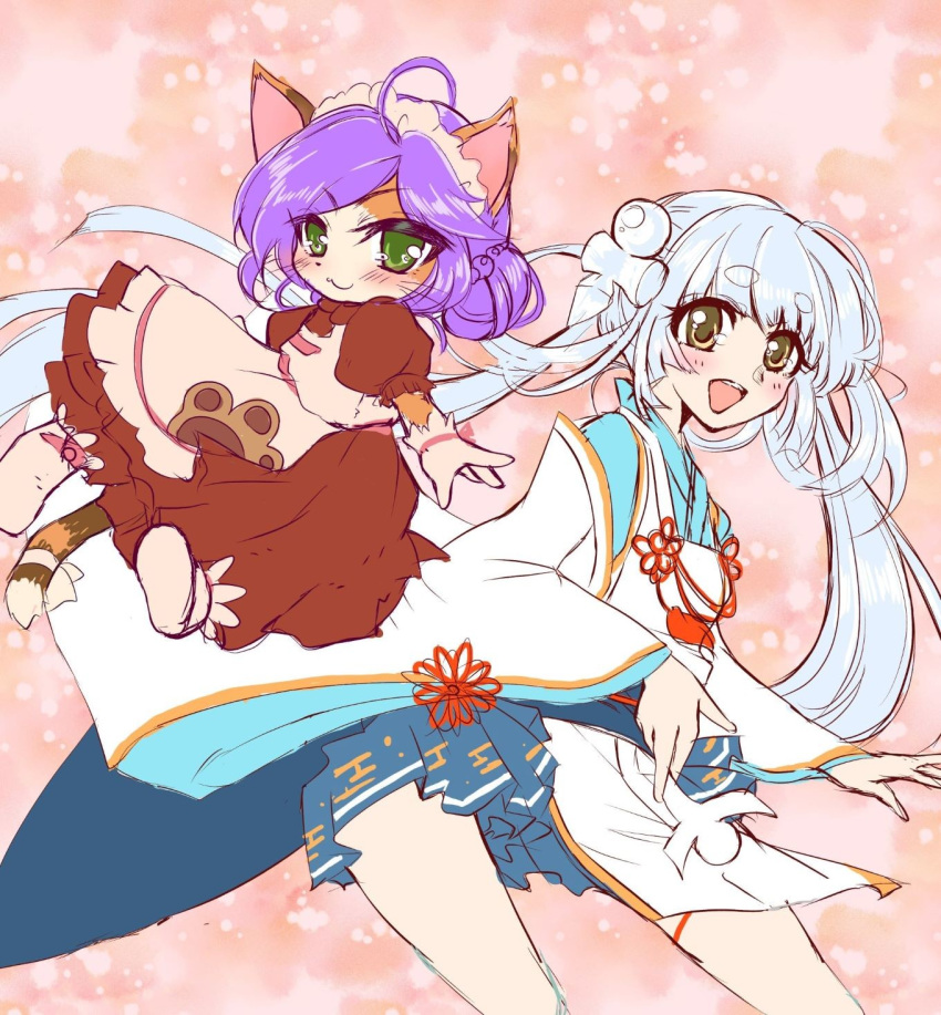 2girls, :3, :d, ahoge, animal_ears, apron, brown_dress, caprese_(ragnarok_online)