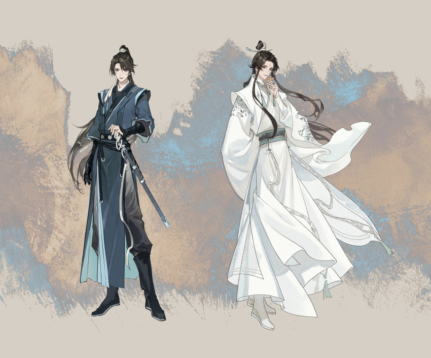 2boys, arm_behind_back, black_boots, black_gloves, blue_eyes, blue_hanfu, boots, brown_eyes