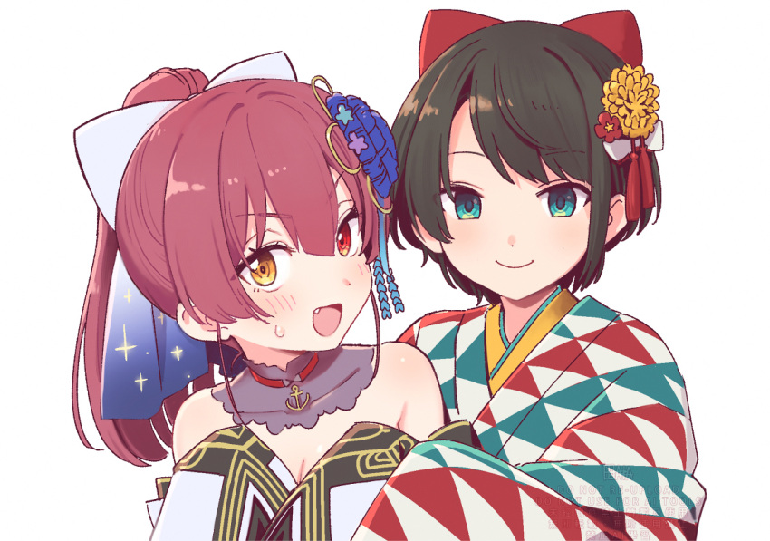 a-ka, blue_eyes, blue_flower, bow, brown_hair, checkered_clothes, checkered_kimono, flower