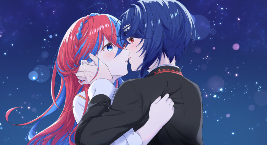 1boy, 1girl, alcryst_(fire_emblem), alear_(female)_(fire_emblem), alear_(fire_emblem), black_shirt, blue_eyes, braid