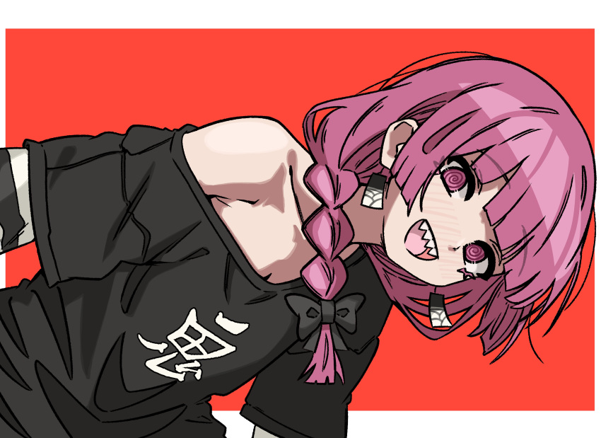 :d, @_@, absurdres, arm_warmers, black_bow, black_shirt, blunt_bangs, bocchi_the_rock!
