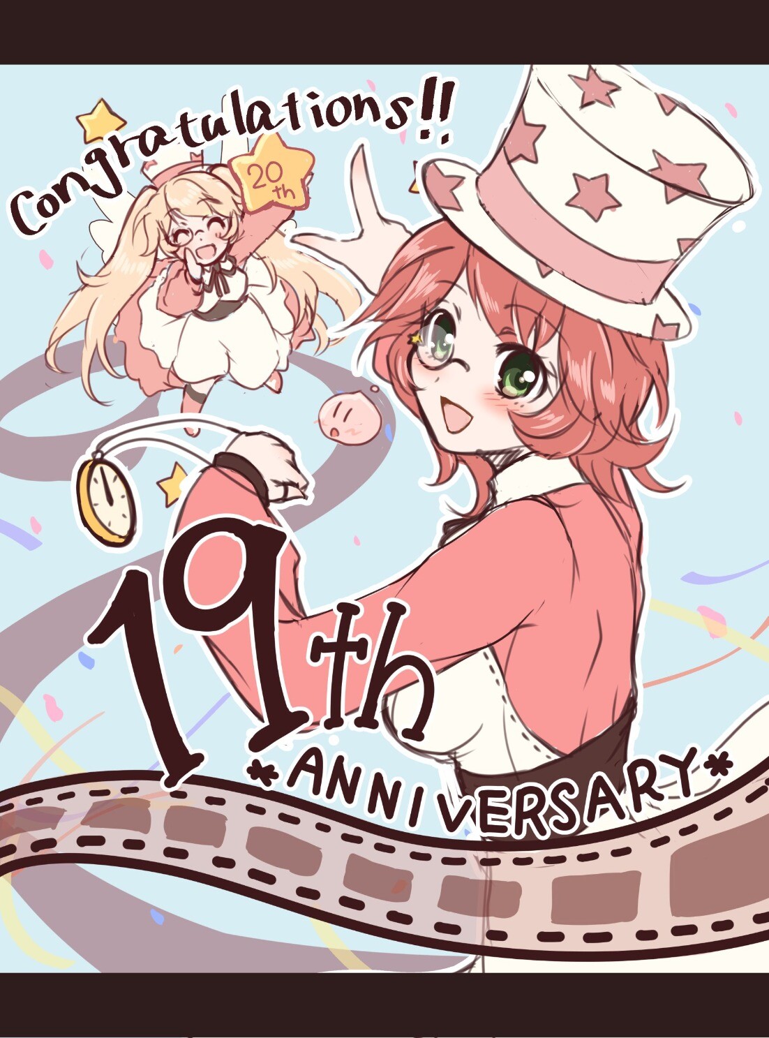 2girls, :3, anniversary, black_sash, blonde_hair, blue_eyes, blush, commentary_request, confetti, cosplay, dress, green_eyes, hat, highres, kuma_king, long_hair, long_sleeves, looking_at_viewer, looking_to_the_side, monocle, multiple_girls, open_mouth, phantom_thief_anniversary, phantom_thief_anniversary_(cosplay), pink_dress, pink_hair, pocket_watch, poring, print_hat, ragnarok_online, sash, short_hair, skia_nerius, slime_(creature), smile, star_(symbol), star_print, twintails, upper_body, watch, white_hat