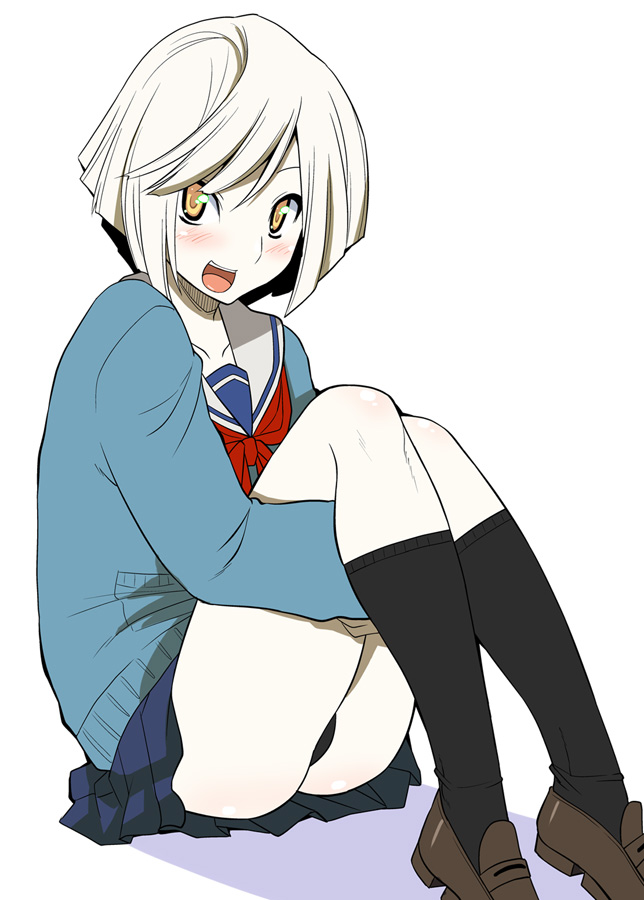 brown_eyes, footwear, god_eater_burst, leg_hug, legs, pale_skin, panties, pleated_skirt