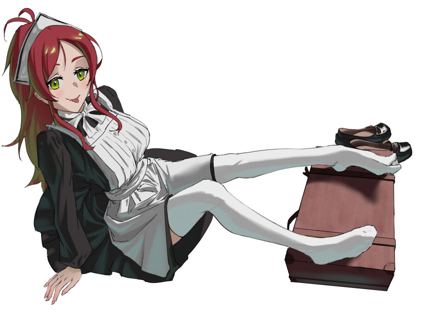 1girl, aisha_greyrat, antenna_hair, apron, black_dress, black_shoes, blush, breasts