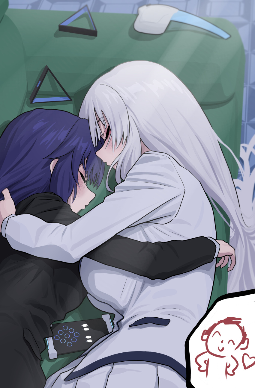 1boy, 2girls, absurdres, black_jacket, blazer, blue_archive, blush, breasts