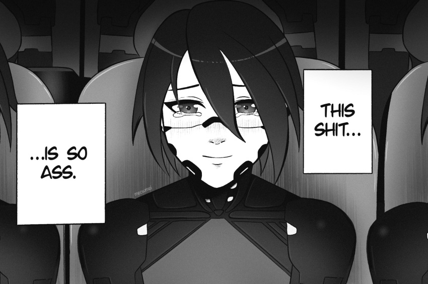 1girl, 2others, android, closed_mouth, elster_(signalis), english_text, greyscale, highres