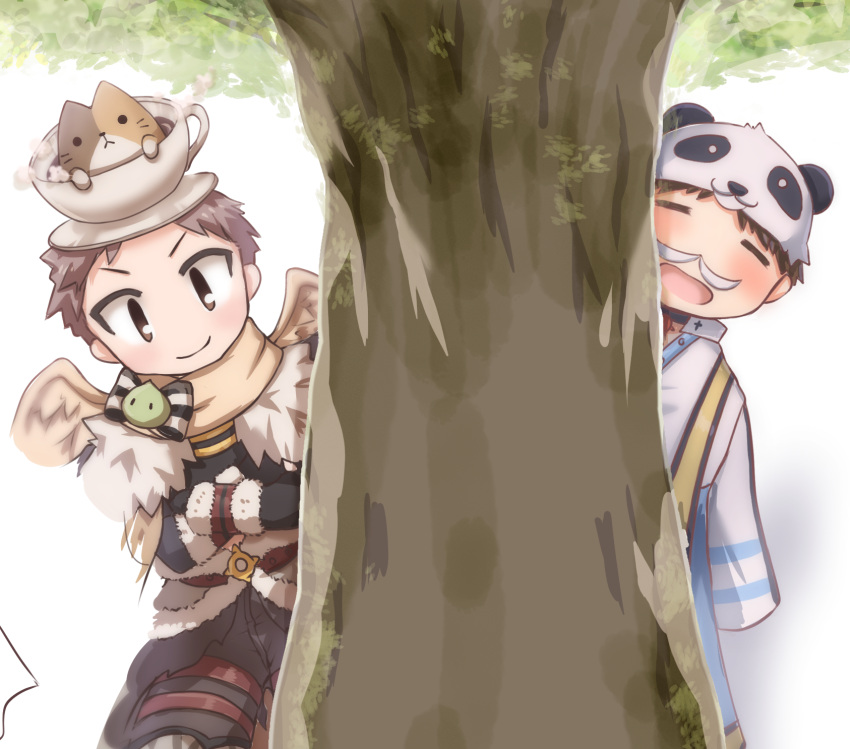 2boys, arch_bishop_(ragnarok_online), black_hair, black_pants, black_shirt, blue_coat, brown_eyes, brown_hair