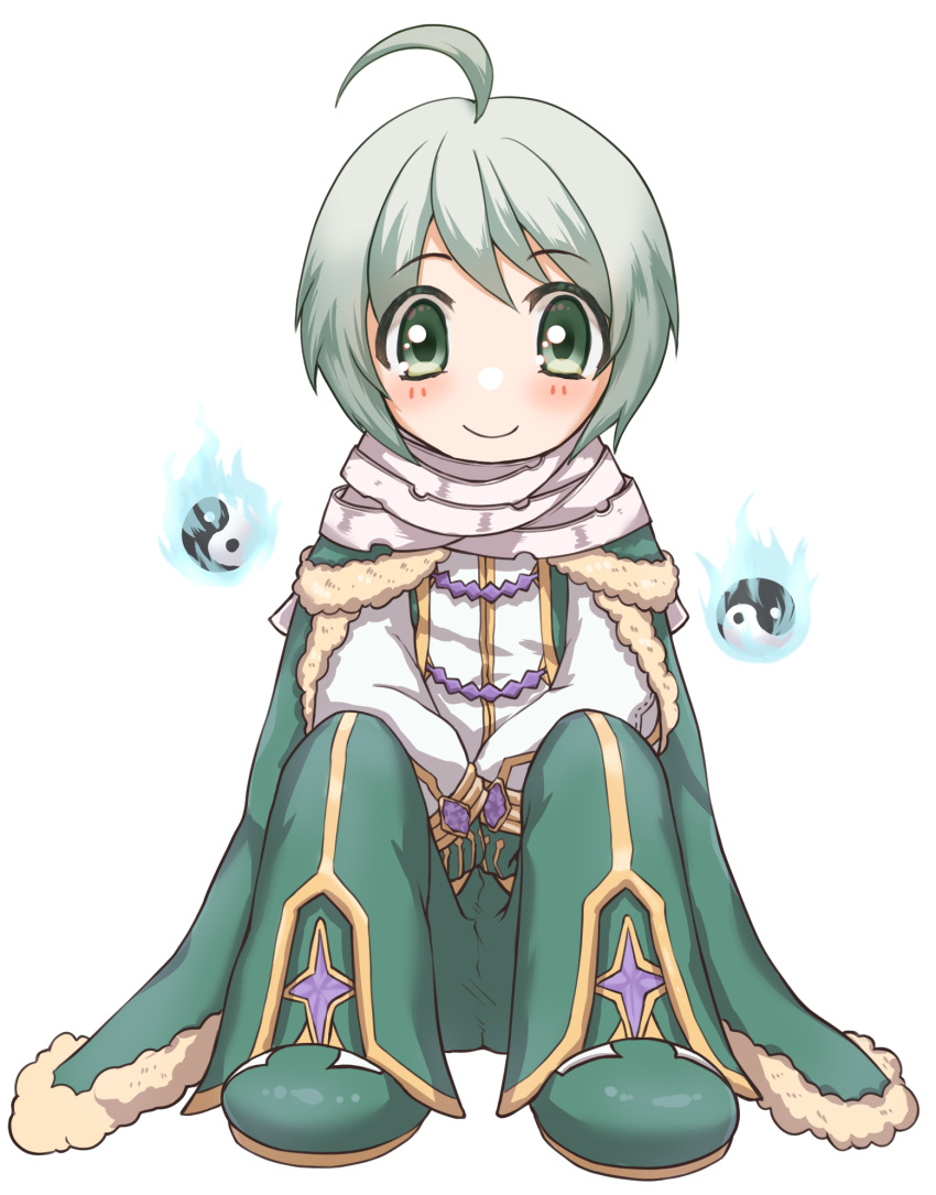 1boy, ahoge, blue_fire, blush, cape, closed_mouth, commission, fire