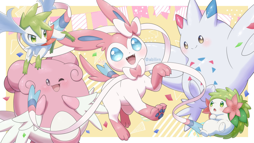 absurdres, blissey, blue_eyes, blush, brown_eyes, claws, commentary_request, fangs