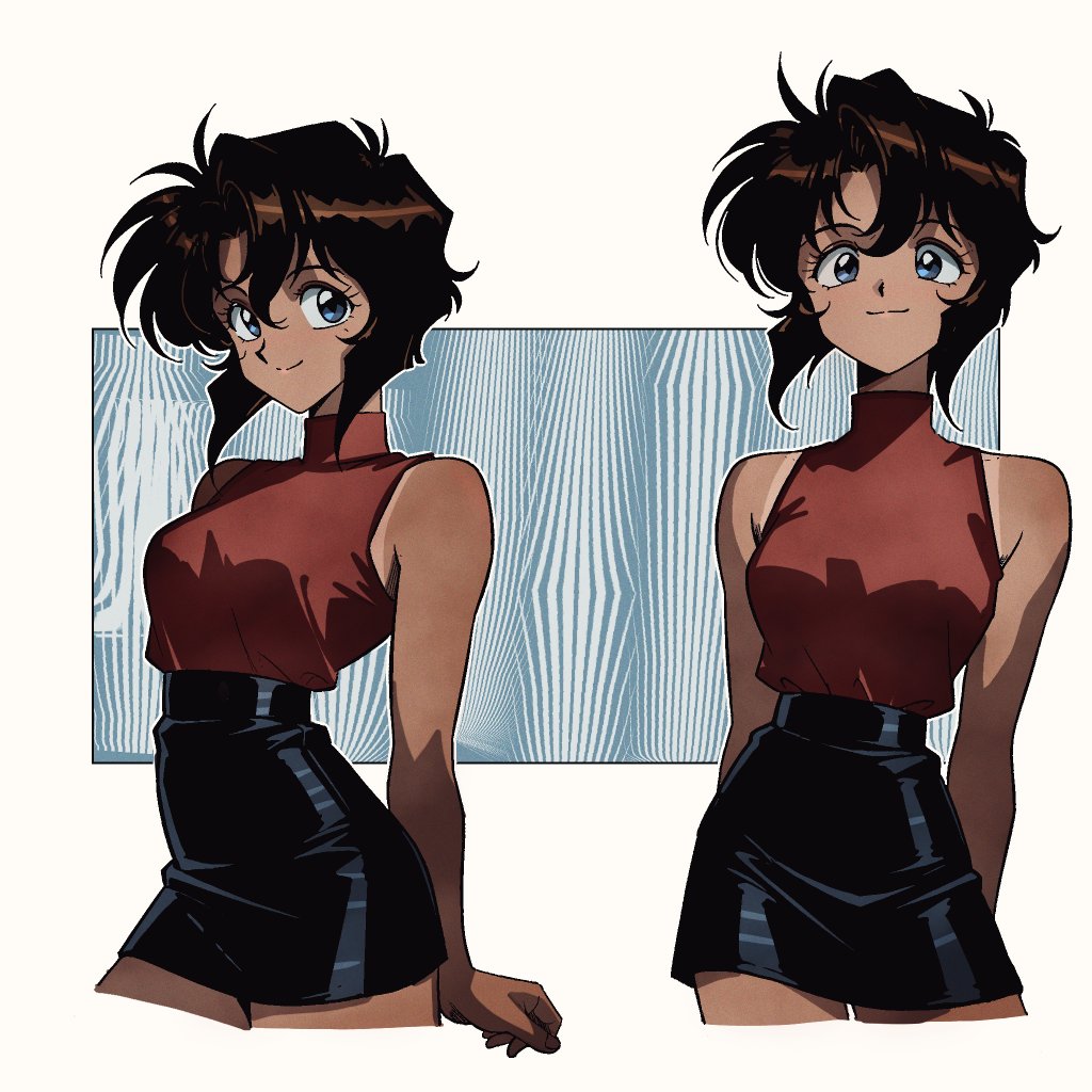 1girl, black_skirt, blue_eyes, brown_hair, cowboy_shot, cropped_legs, dark-skinned_female, dark_skin