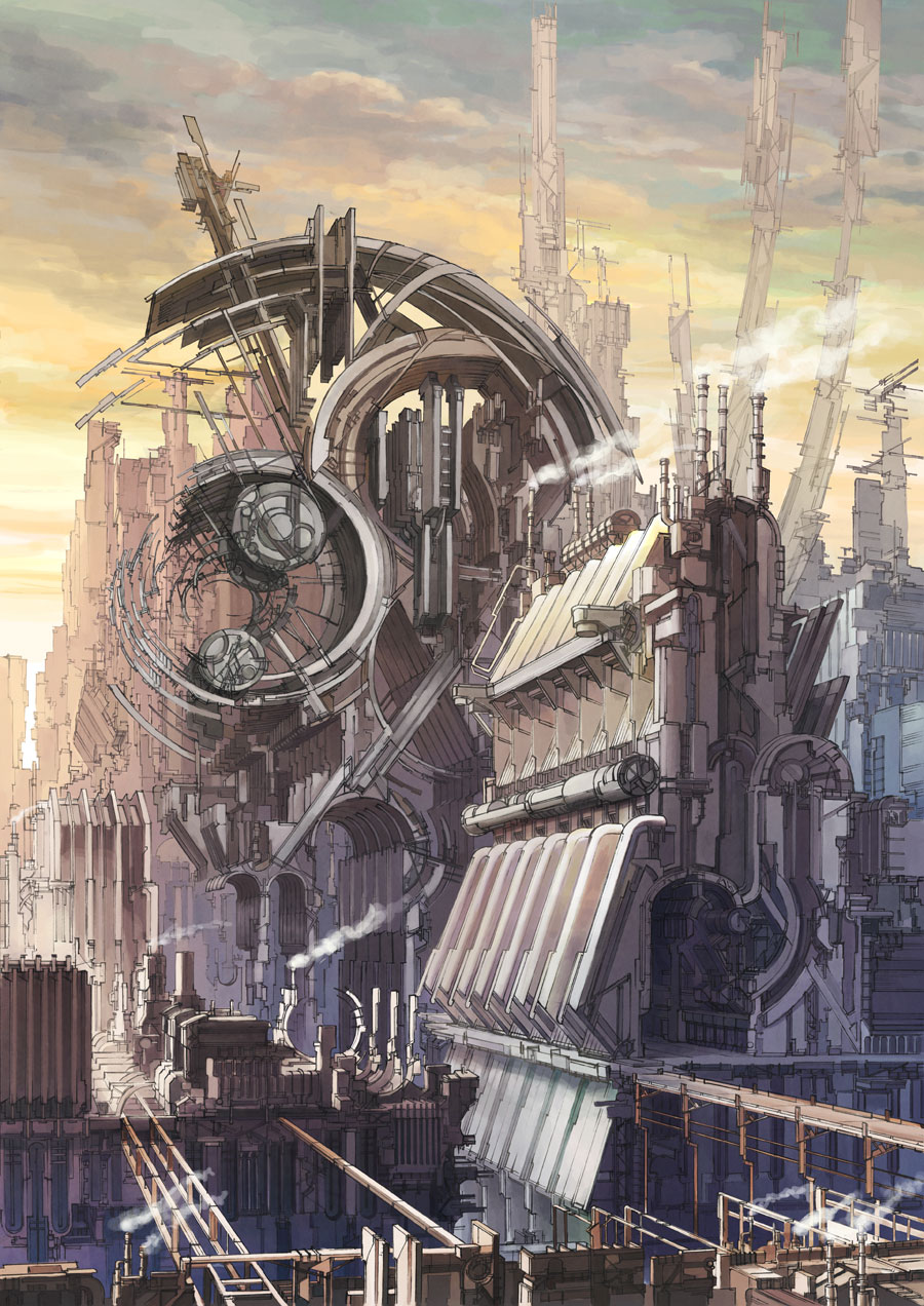 cyberpunk, highres, industrial, k_kanehira, machine, no_humans, original, scenery, science_fiction, steam, steampunk