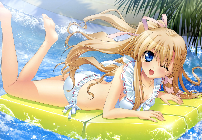 akashi_kokoro, bikini, blonde_hair, blue_eyes, highres, long_hair, lying, minase_lin