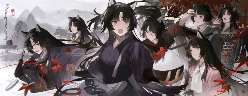 6+girls, ^_^, absurdres, animal_ears, arknights, arm_up, autumn_leaves, bead_necklace
