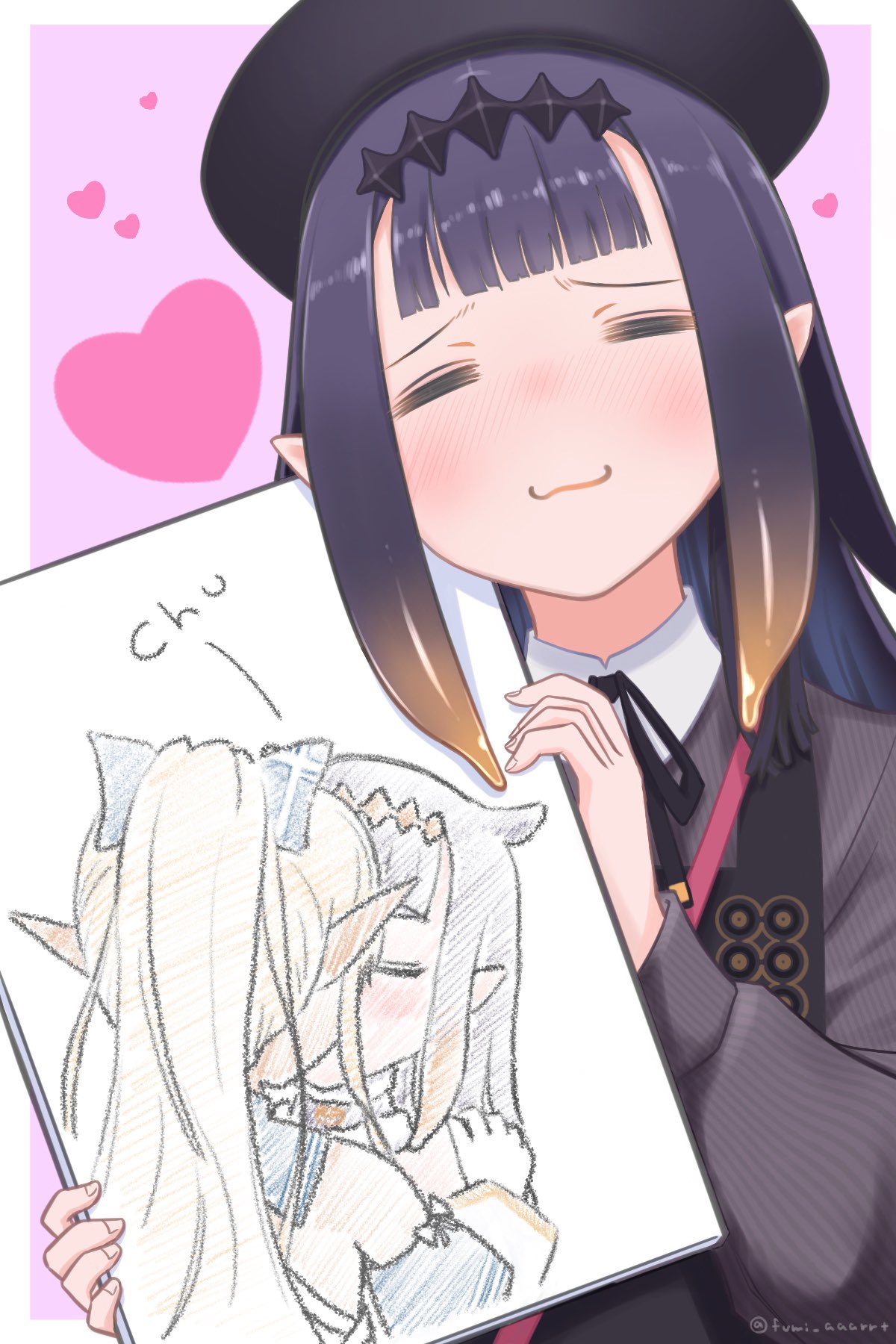 2girls, beret, black_hat, blush, closed_eyes, drawing_(object), fumi_aaarrt, hat, heart, highres, hololive, hololive_english, kiss, long_hair, multiple_girls, ninomae_ina'nis, ninomae_ina'nis_(casual), pointy_ears, shiranui_flare, shiranui_flare_(1st_costume), tentacle_hair, virtual_youtuber, yuri_(object)