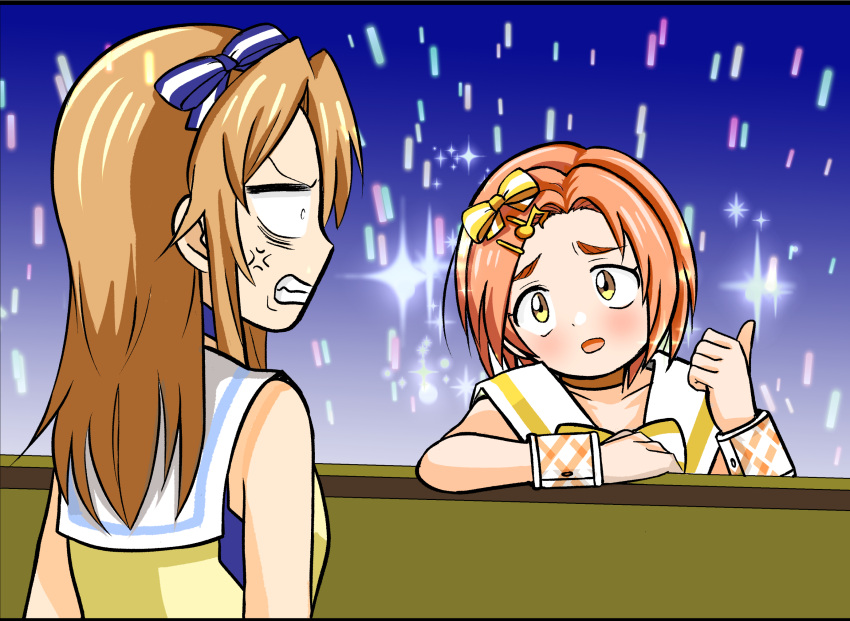 2girls, :o, aipin, anger_vein, arm_support, blush, bow, brown_hair, clenched_teeth, commentary_request, constricted_pupils, dress, glowstick, hair_bow, hair_ornament, highres, idolmaster, idolmaster_cinderella_girls, idolmaster_cinderella_girls_u149, long_hair, multiple_girls, musical_note, musical_note_hair_ornament, orange_hair, parody, parted_bangs, penlight_(glowstick), ryuzaki_kaoru, sailor_collar, short_hair, sidelocks, sleeveless, sleeveless_dress, sparkle, teeth, thumbs_up, white_sailor_collar, wristband, yellow_dress, yellow_eyes, yuuki_haru
