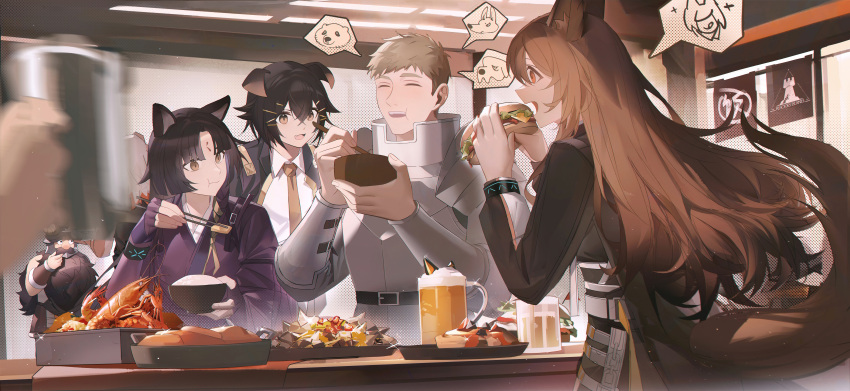 1other, 2boys, 4girls, :d, ^_^, absurdres, alcohol, animal_ears