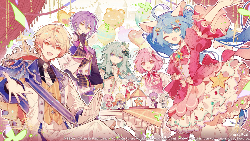 +_+, 2boys, 3girls, :d, ahoge, animal_balloon, animal_ears, aqua_streaks