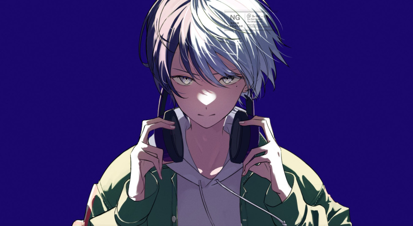 1boy, amo_ha, aoyagi_touya, blue_background, blue_hair, closed_mouth, commentary_request, drawstring