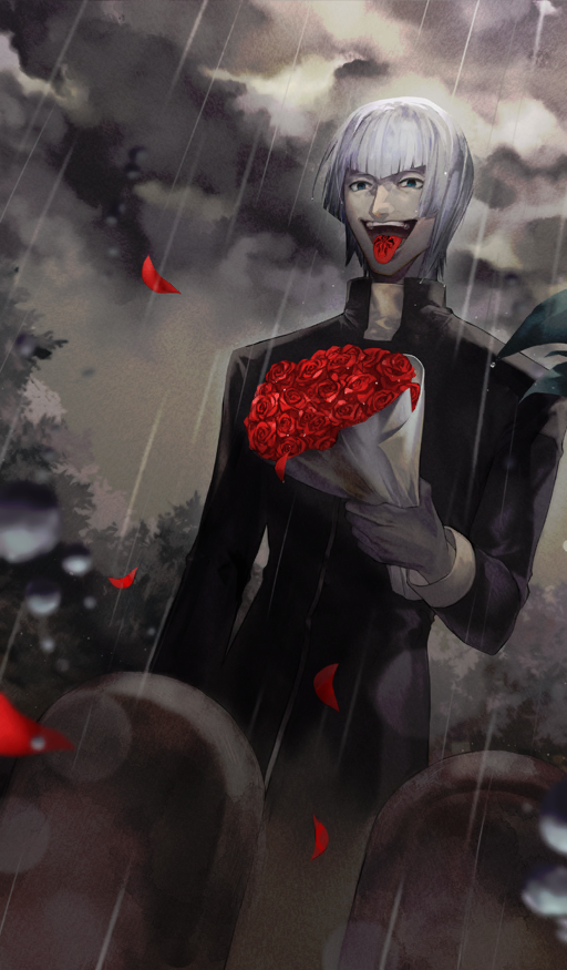 1boy, araya_(hachino_araya), black_coat, blue_eyes, blurry, bokeh, bouquet, coat