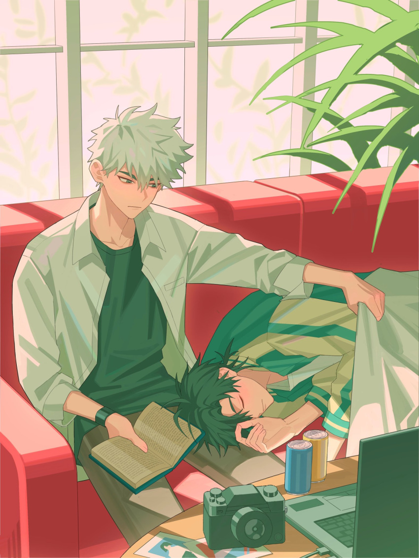 2boys, affectionate, black_hair, blanket, book, camera, can, cheng_xiaoshi