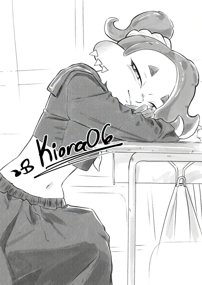1girl, absurdres, artist_name, cephalopod_eyes, closed_mouth, commentary, desk, earrings