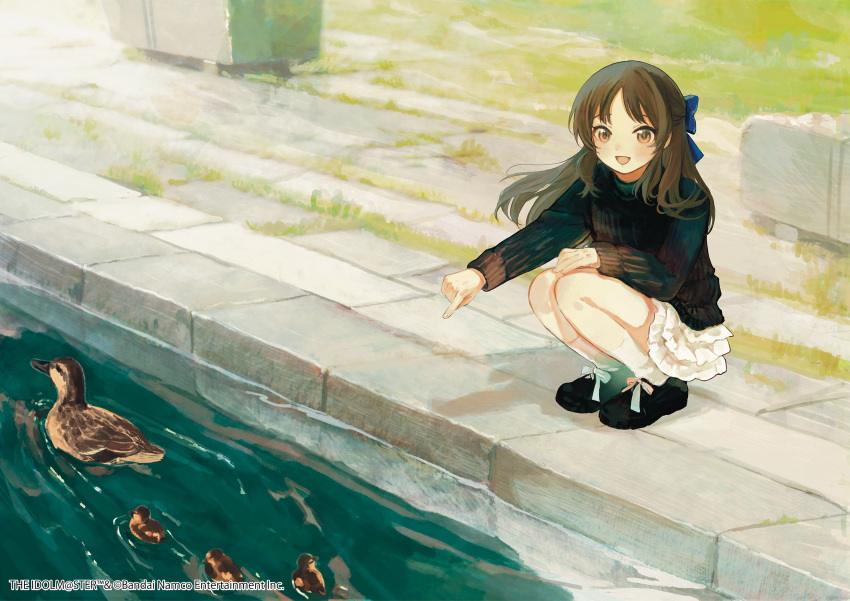 1girl, :d, bird, black_shoes, black_sweater, blue_bow, bow, brown_eyes