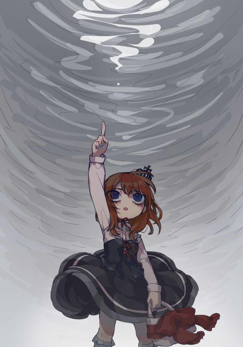 1girl, arm_up, bag, black_dress, blue_eyes, brown_hair, commentary_request, crown, dress, grey_background, highres, holding, holding_bag, index_finger_raised, medium_hair, ningenimomusi, open_mouth, solo, standing, umineko_no_naku_koro_ni, ushiromiya_maria, white_bag
