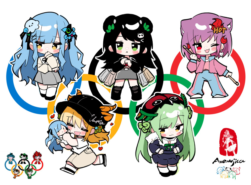 2008_summer_olympics, 5girls, :<, :3, absurdres, animal_ears, animalization, ave_mujica_(bang_dream!)