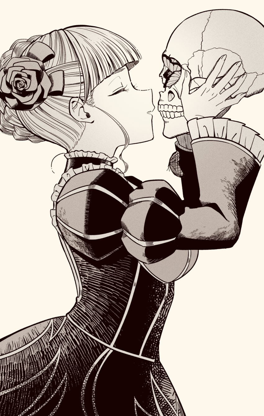1girl, beatrice_(umineko), blunt_bangs, dress, flower, greyscale, hair_flower, hair_ornament