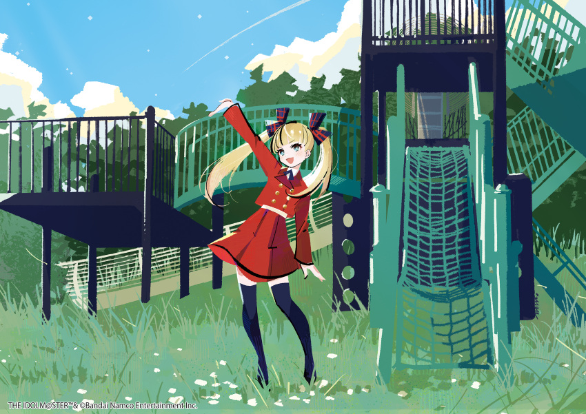 1girl, arm_up, blonde_hair, blue_eyes, blue_sky, bow, clouds, commentary_request, copyright_name, copyright_notice, day, full_body, hair_bow, highres, idolmaster, idolmaster_cinderella_girls, long_hair, long_sleeves, looking_at_viewer, manodemarina, mary_cochran, official_art, open_mouth, outdoors, outstretched_arm, playground, pleated_skirt, real_world_location, red_shirt, red_skirt, second-party_source, shirt, skirt, sky, smile, solo, standing, thigh-highs, tree, twintails