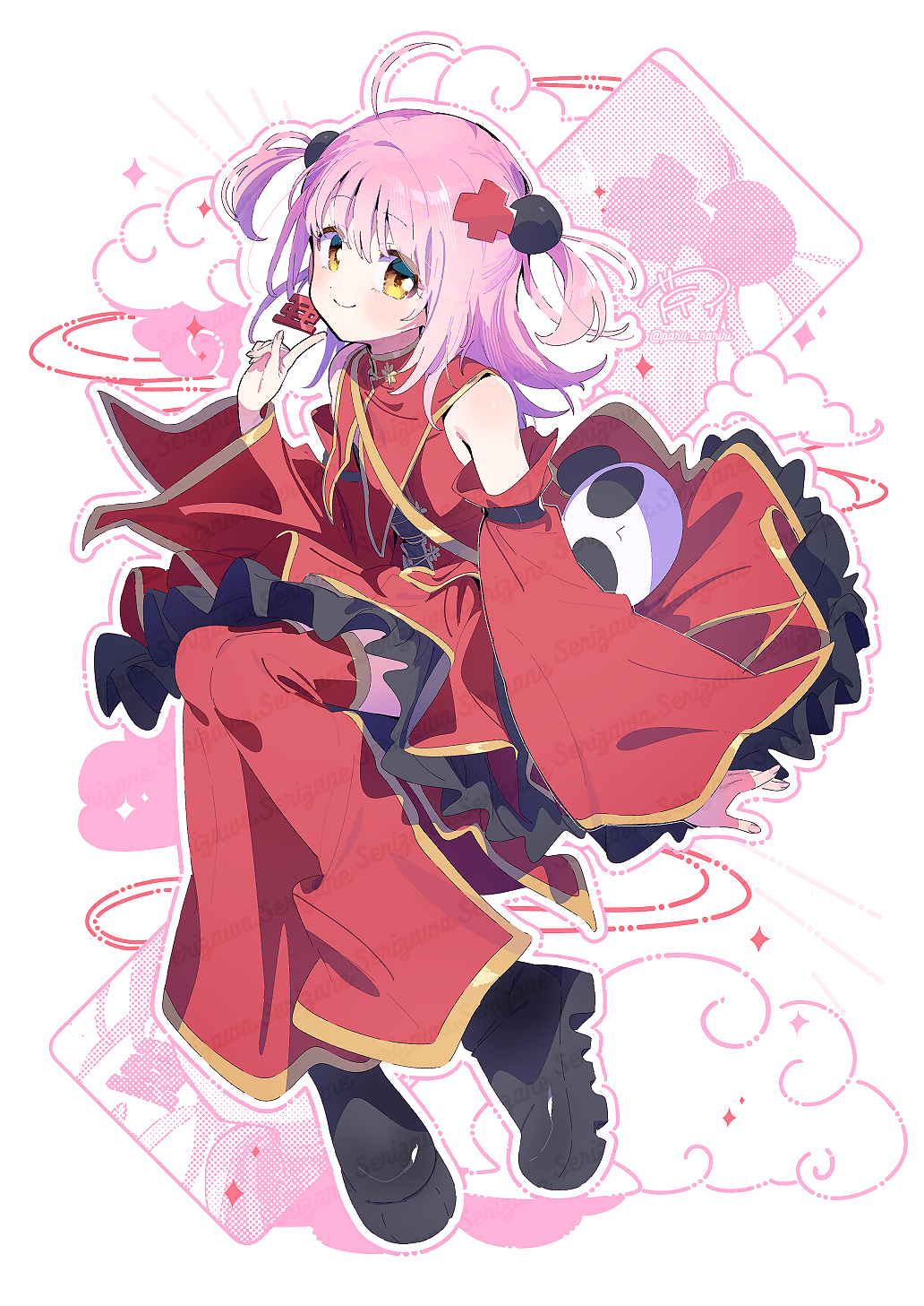 1girl, ahoge, alternate_costume, arm_belt, bag, belt, belt_buckle, black_belt, black_boots, boots, buckle, capelet, circle_skirt, close-up, closed_mouth, collared_capelet, commentary_request, detached_leggings, detached_sleeves, diamond_(shape), dot_nose, dress, earrings, eyelashes, fingerless_gloves, frilled_dress, frills, full_body, gloves, hair_intakes, hair_ornament, halftone, happy, high_collar, highres, hinamori_amu, invisible_chair, jewelry, kanji_earrings, leggings, light_blush, long_hair, long_sleeves, medium_dress, outline, panda_bag, paru_rari, pink_hair, pleated_dress, pom_pom_(clothes), pom_pom_hair_ornament, red_capelet, red_dress, red_leggings, red_sleeves, shoulder_bag, shugo_chara!, signature, single_earring, sitting, sleeveless, sleeveless_dress, smile, solo, sparkle, tareme, twintails, twitter_username, two_side_up, white_background, white_outline, wide_sleeves, x_hair_ornament, xiangyun, yellow_eyes