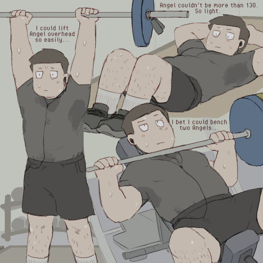 1boy, clinical_trial_(game), dumbbell, earphones, earphones, exercising, gym, highres