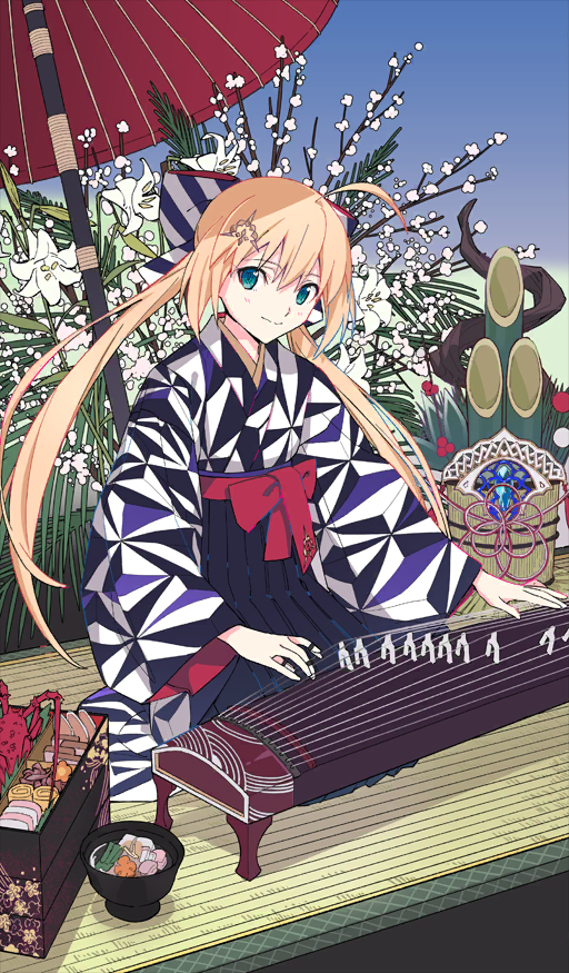 1girl, ahoge, artoria_caster_(fate), artoria_caster_(springtime_koto_strings)_(fate), artoria_pendragon_(fate), bento, black_hakama, black_kimono