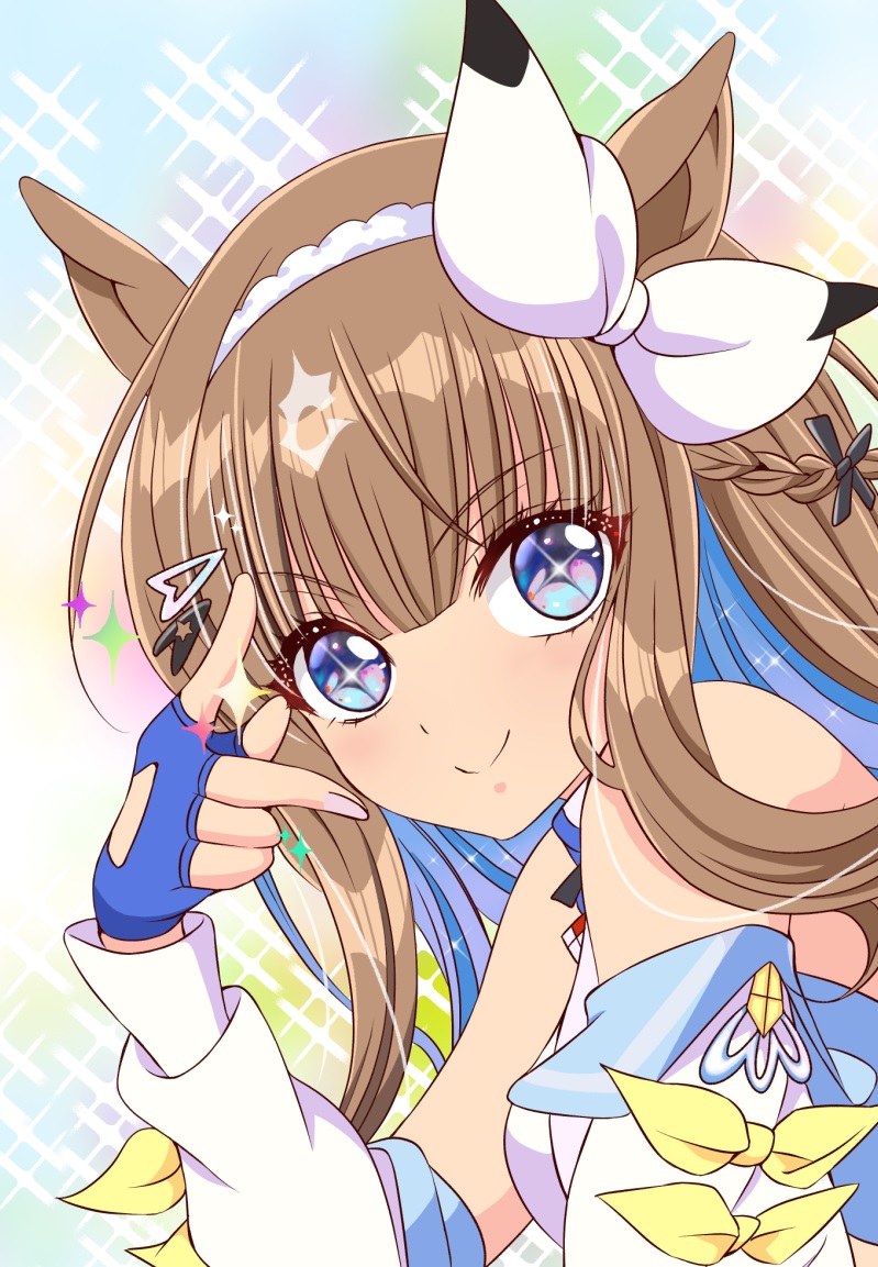 +_+, 1girl, almond_eye_(umamusume), animal_ears, blush, breasts, brown_hair, closed_mouth