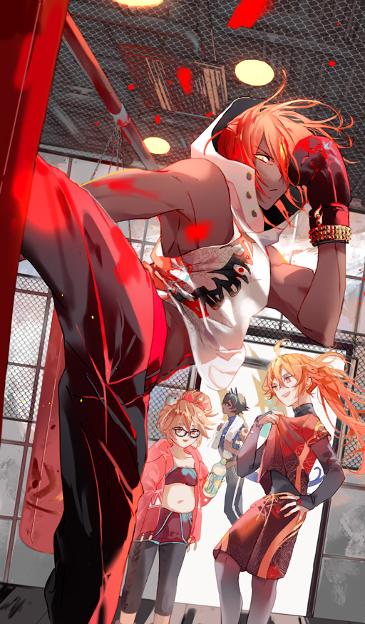 1girl, 3boys, ahoge, animal, animal_ears, animal_on_head, arjuna_(fate), arjuna_alter_(fate)