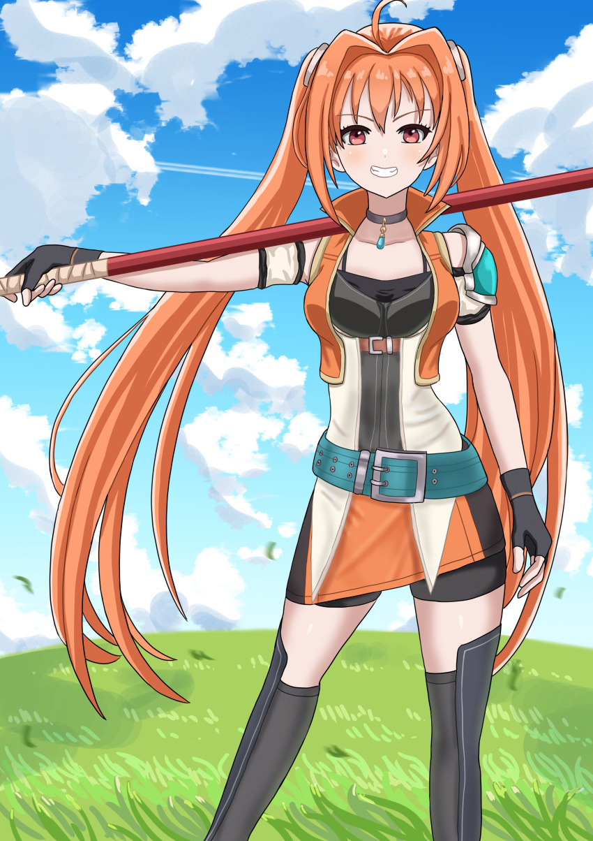 1girl, absurdres, ahoge, alexmercerart, antenna_hair, black_gloves, blue_sky, brown_eyes, brown_hair, clouds, cropped_jacket, eiyuu_densetsu, english_commentary, estelle_bright, fingerless_gloves, floating_hair, flying_grass, gloves, grass, grasslands, grin, hair_between_eyes, highres, holding, holding_staff, holding_weapon, long_hair, looking_at_viewer, outdoors, pendant_choker, sky, smile, solo, sora_no_kiseki, staff, twintails, very_long_hair, weapon