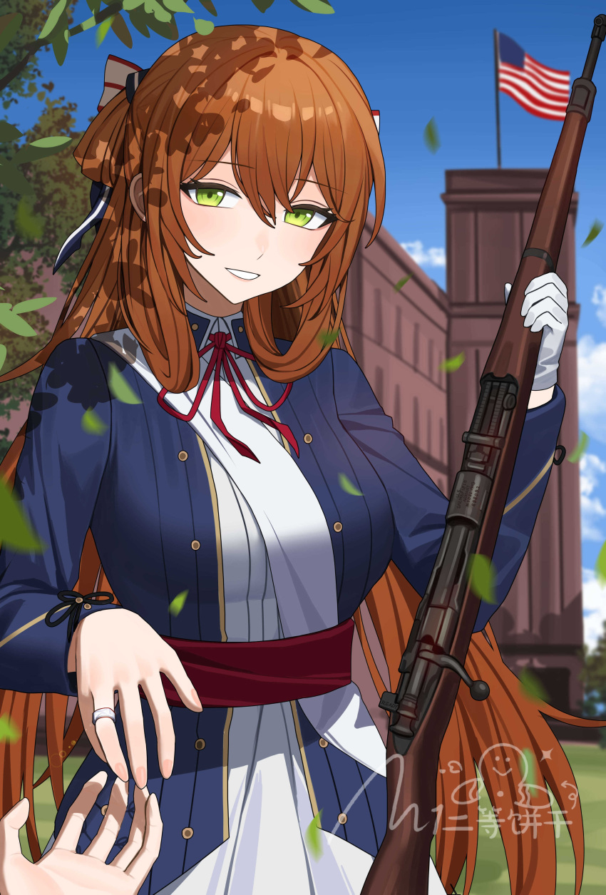 1girl, absurdres, american_flag, belt, blazer, blue_jacket, bolt_action, brown_hair