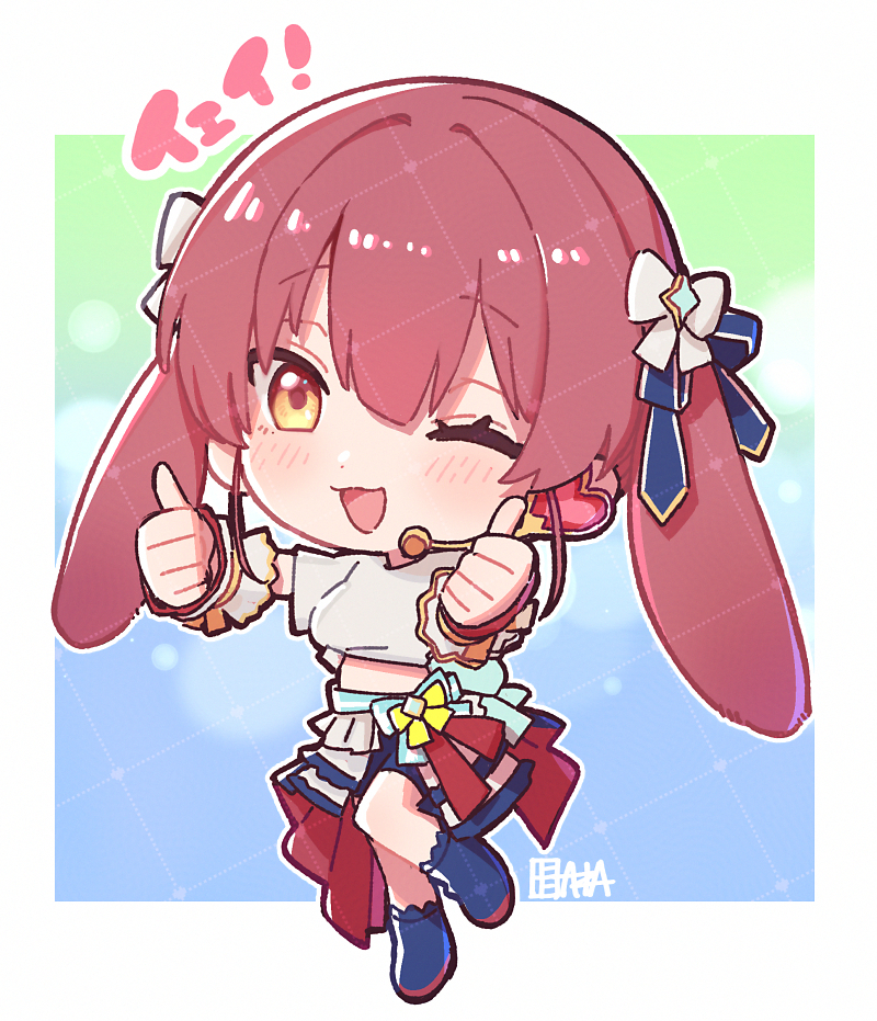 1girl, a-ka, blue_shoes, blue_skirt, blush, bow, chibi, double_thumbs_up
