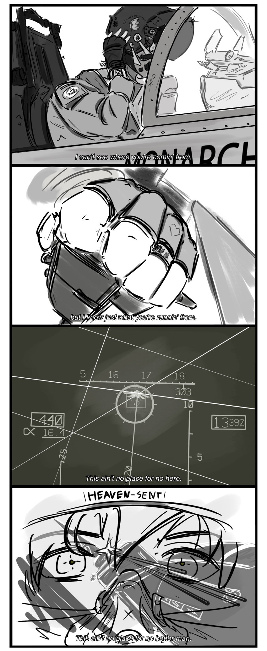 absurdres, aerial_battle, aircraft, airplane, battle, covered_face, crimson_1_(project_wingman), dogfight, english_text, f-15_eagle, fighter_jet, fingerless_gloves, gloves, helmet, highres, jewelry, military_vehicle, missile, monarch_(project_wingman), monochrome, negative_space, non-web_source, oxygen_mask, pilot, pilot_helmet, project_wingman, ring, solo, vertical_comic
