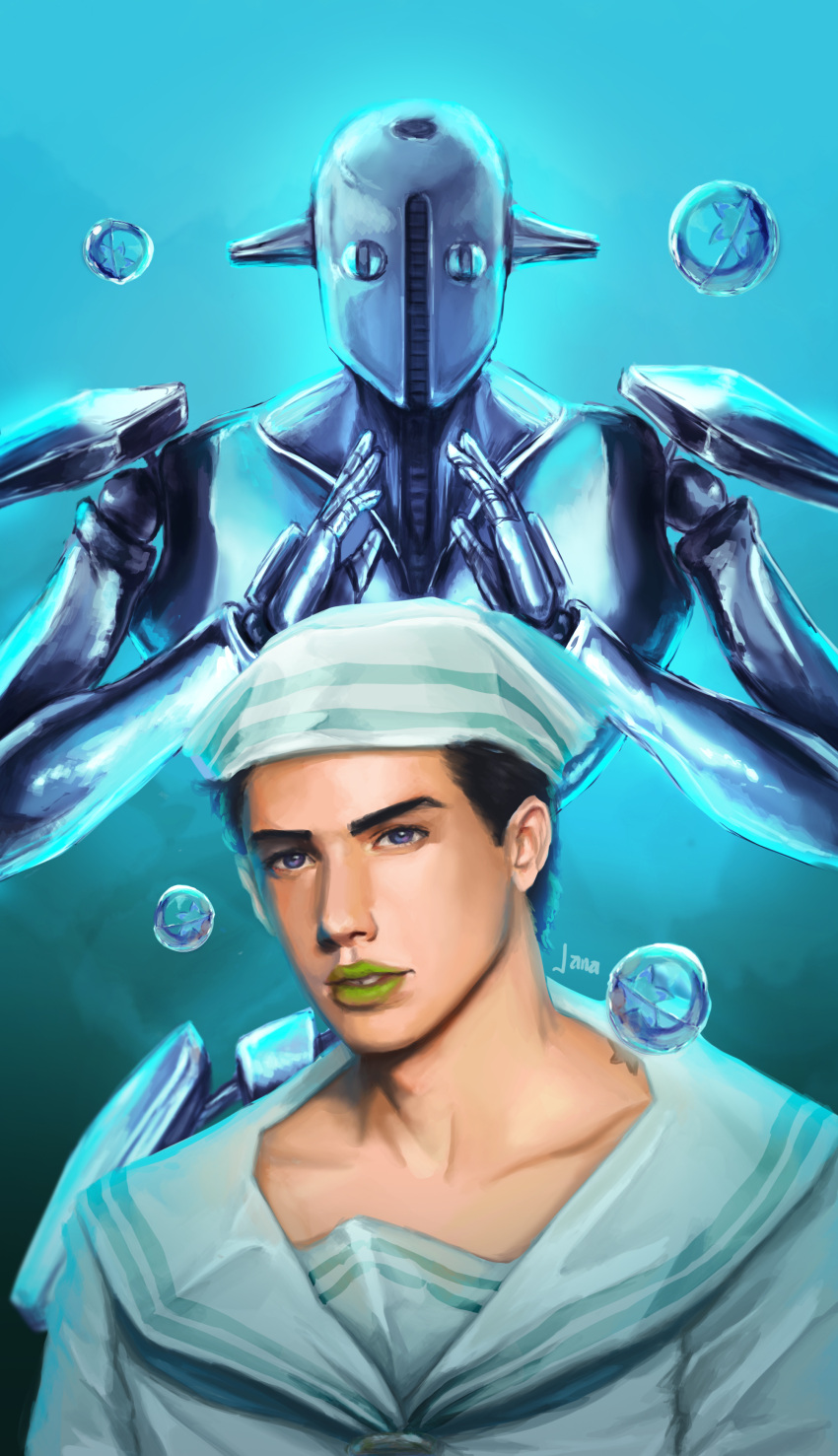 1boy, 1other, absurdres, birthmark, black_hair, blue_eyes, dixie_cup_hat, green_lips