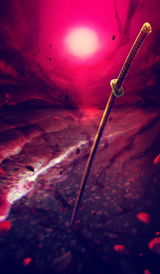 azamaru_(fate), beach, clouds, commentary, fate/grand_order, fate_(series), katana, mountainous_horizon, no_humans, official_art, pebble, planted, planted_sword, red_sky, red_theme, sakumamitsuro, sky, smoke, still_life, sword, third-party_source, water, weapon, weapon_focus