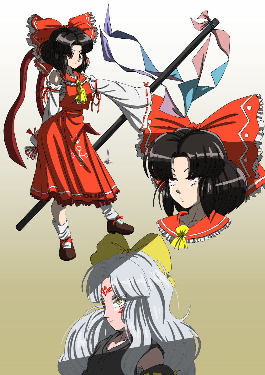 1girl, absurdres, alternate_form, ascot, black_dougi, black_hair, black_sleeves, bow