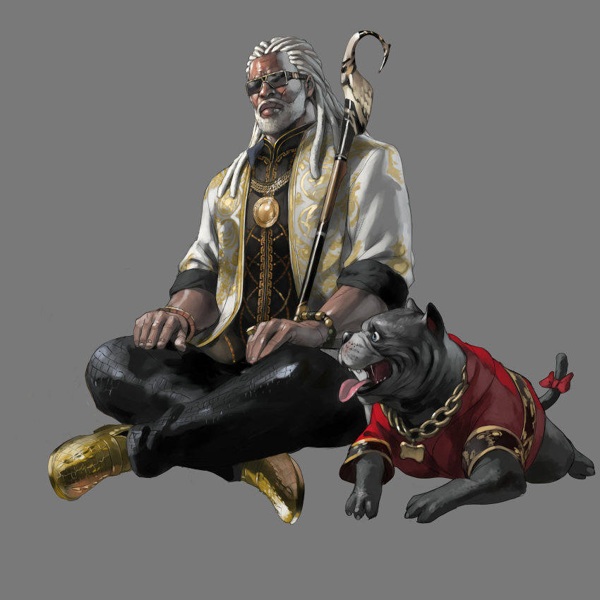 1boy, absurdres, animal, beard, black_pants, bracelet, cane, clothed_animal