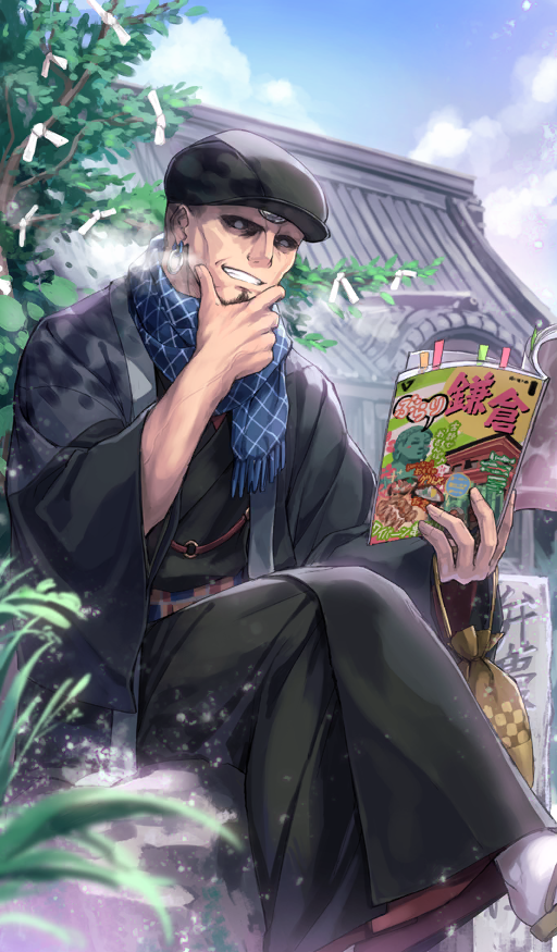 1boy, architecture, bald, black_haori, black_hat, black_kimono, blue_scarf, blue_sky