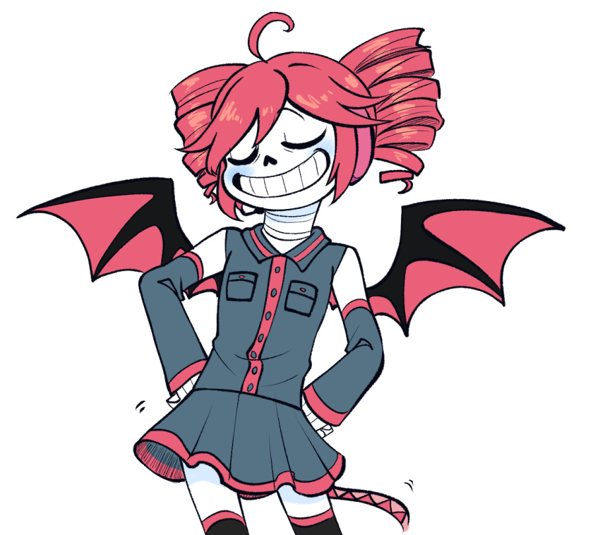 1boy, 2022, 2d, ahoge, black_skirt, black_thighhighs, buttons, closed_eyes