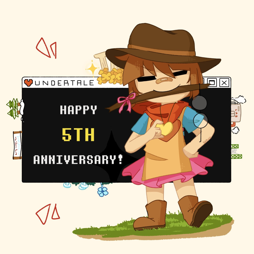 1other, 2020, 2d, ambiguous_gender, anniversary, apron, bandaid, blue_flower