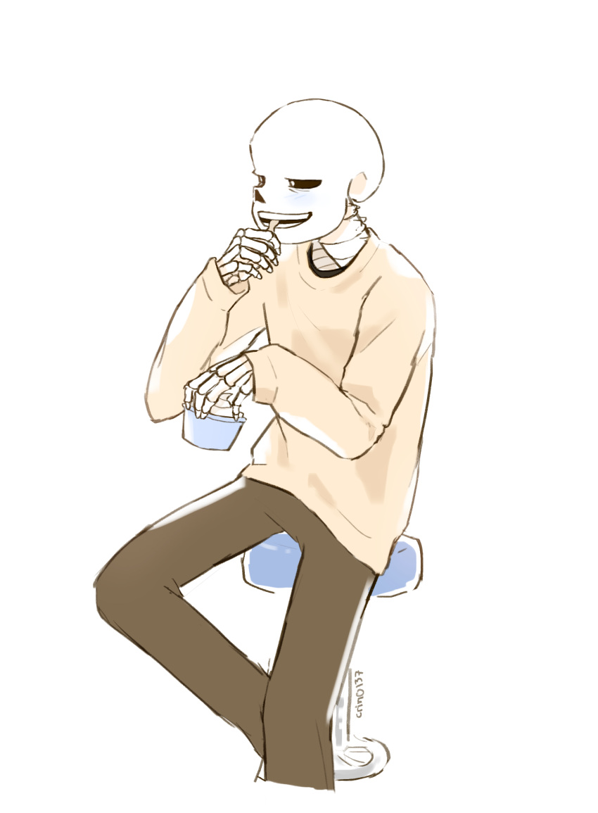 1boy, 2023, 2d, alternate_costume, artist_name, brown_pants, crim0137, cup, digital_media, eating, food, highres, holding, holding_cup, holding_spoon, humanoid, ice_cream, ice_cream_cup, ice_cream_spoon, long_sleeves, male, male_only, monster, monster_boy, pants, sans_(undertale), shirt, simple_background, sitting, skeleton, solo, spoon, stool, teeth, undead, undertale, utdr_(toby_fox), white_background