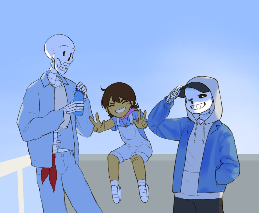 1other, 2023, 2boys, 2d, alternate_costume, ambiguous_gender, bandaid, bandaid_on_knee, black_shorts, blue_background, blue_jacket, blue_pants, bottle, brothers, brown_hair, child, crim0137, crop_top, digital_media, double_v, frisk_(undertale), gradient_background, grin, hat, highres, holding, holding_bottle, hood, hood_up, hooded_jacket, human, humanoid, jacket, looking_at_viewer, male, monster, monster_boy, multiple_boys, one_eye_closed, open_jacket, overalls, papyrus_(undertale), pink_slippers, sans_(undertale), shirt, shoes, short_hair, shorts, siblings, simple_background, skeleton, slippers, smile, socks, striped_shorts, teeth, trio, undead, undertale, unfinished, utdr_(toby_fox), v, water_bottle, white_overalls, white_shirt, white_shoes, white_socks, white_stripes