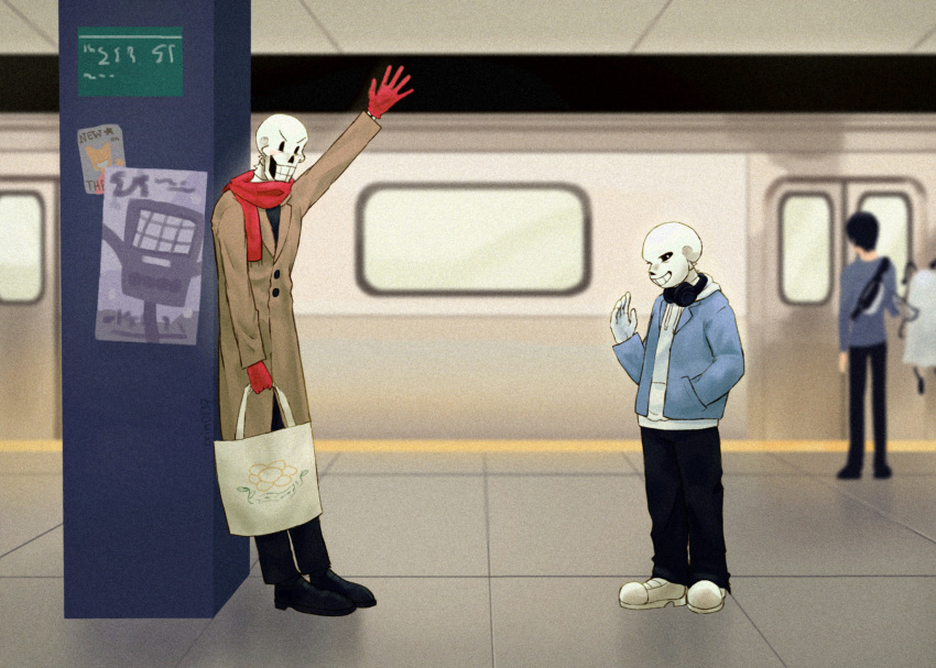 2024, 2boys, 2d, alternate_costume, arm_up, bag, black_pants, black_shoes, blue_jacket, brothers, brown_coat, coat, crim0137, digital_media, gloves, hand_in_pocket, hand_up, highres, holding, holding_bag, humanoid, jacket, male, male_focus, monster, monster_boy, multiple_boys, open_jacket, pants, papyrus_(undertale), poster_(object), red_gloves, red_scarf, sans_(undertale), scarf, shirt, shoes, siblings, skeleton, standing, subway, subway_station, teeth, undead, undertale, utdr_(toby_fox), whimsun, white_shirt, white_shoes