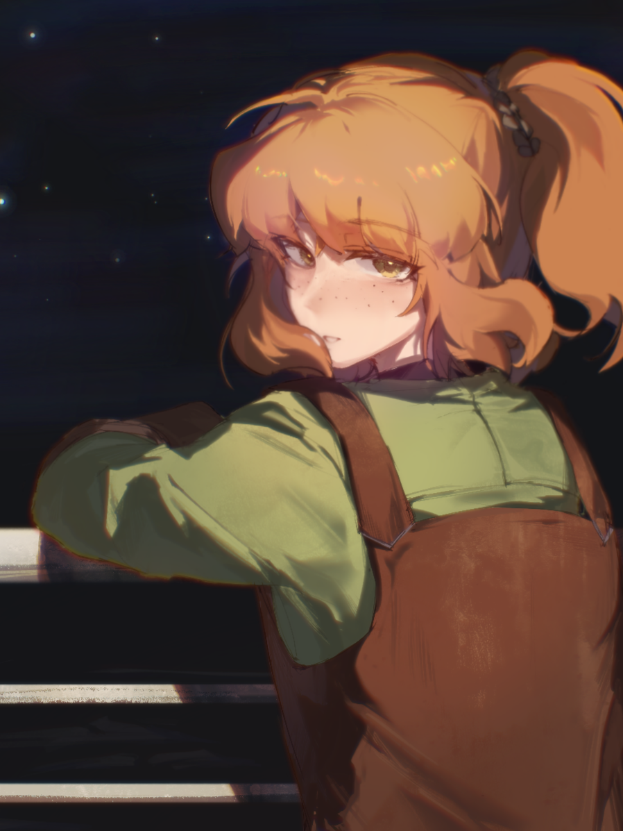 1girl, against_railing, apron, blush, brown_apron, dark, freckles, green_shirt